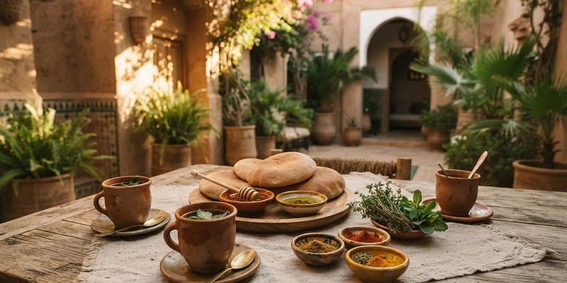 A sun-drenched African courtyard breakfast with clay cups, tea, spices, and wooden platter