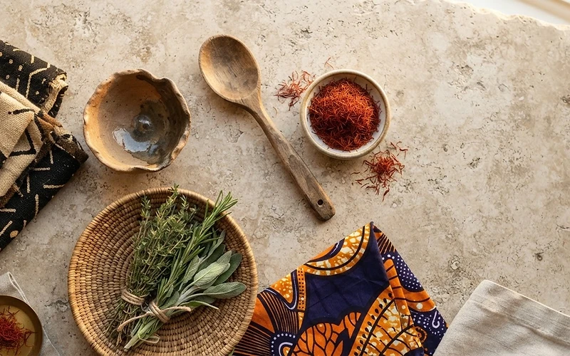 An African heritage table with spices, pottery, fabric, and handcrafted goods
