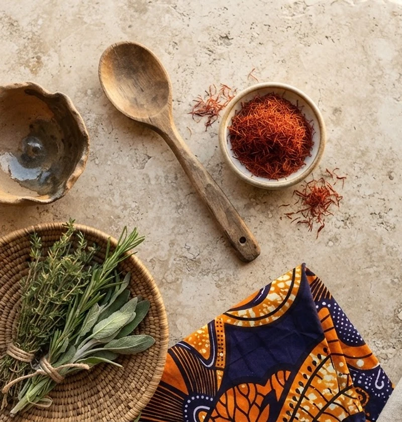 A flat lay of an African heritage table with spices, woven basket, pottery, wooden spoon, colorful fabric, and handmade sandals