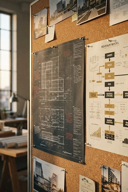 Architectural blueprint and revenue model pinned to a studio corkboard