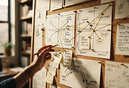 Market positioning maps and narrative frameworks pinned to a corkboard