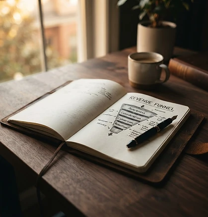 Open notebook with a hand-drawn revenue funnel diagram