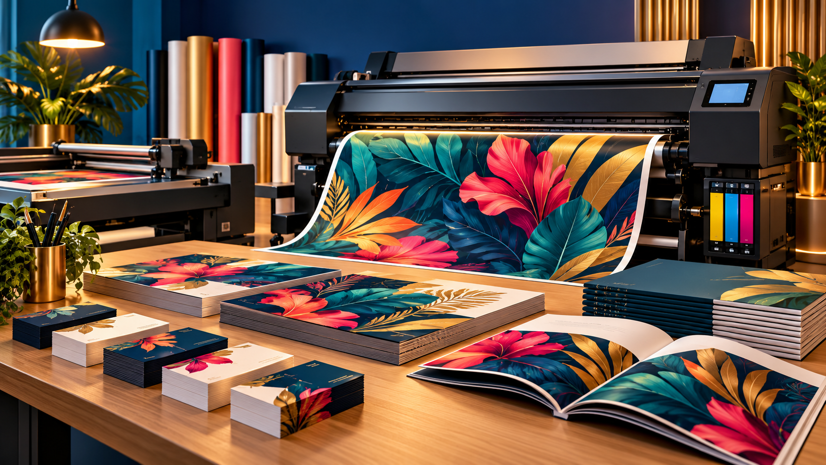 Illustrated banner printer, documents, business cards and colorful flyers