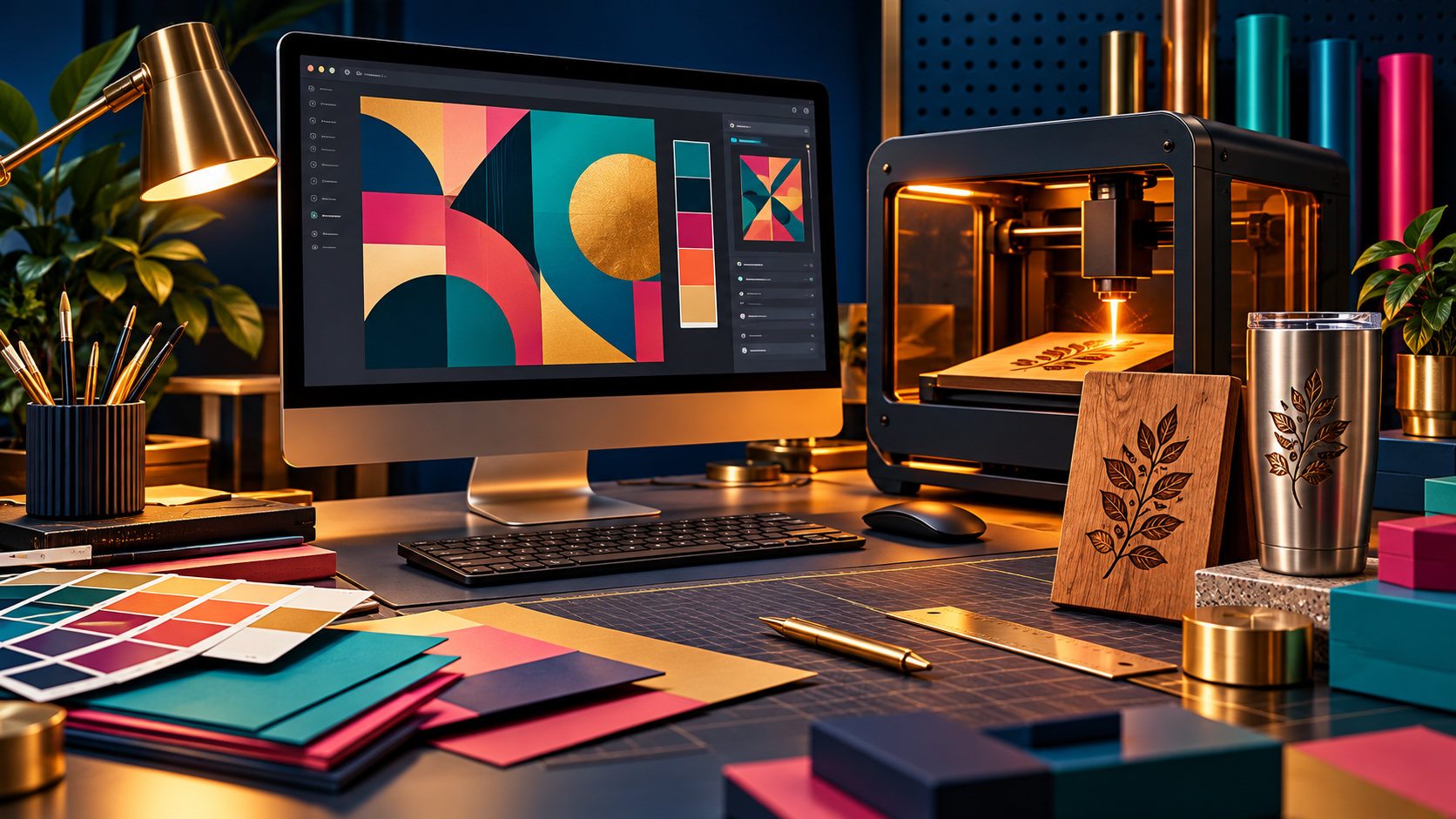 Illustrated graphic design workstation, laser engraver, wooden plaque and tumbler