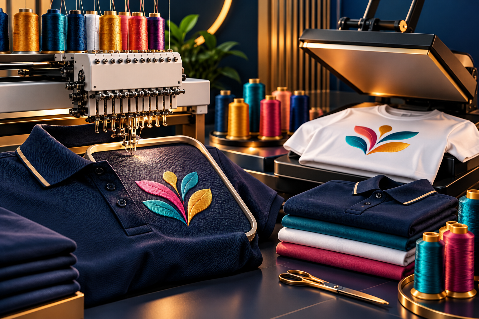 Illustrated embroidery machine, heat press, branded polo and custom T-shirt
