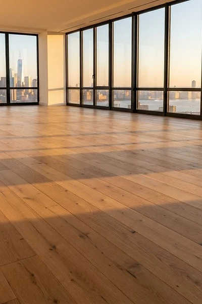 Sun-drenched wide-plank oak flooring in a minimalist penthouse