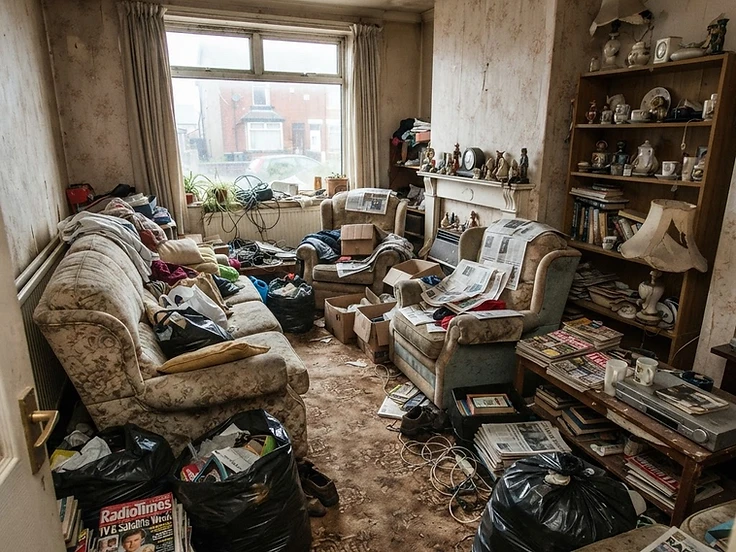Household room with items gathered for clearance