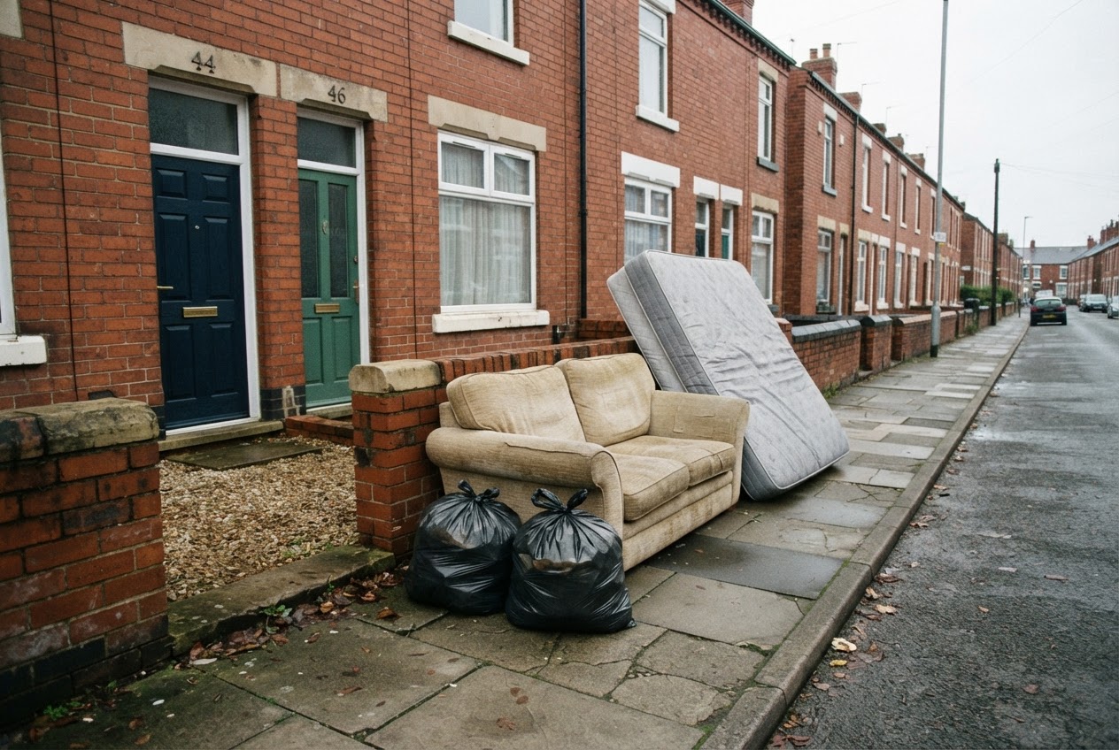 Unwanted household items gathered for removal beside a collection van