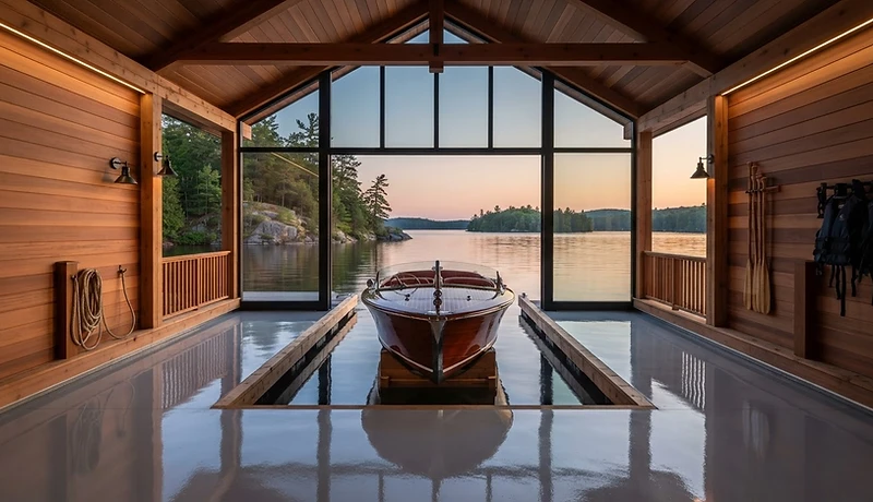 Marine-grade slip-resistant epoxy boathouse floor on Lake Rosseau, Muskoka