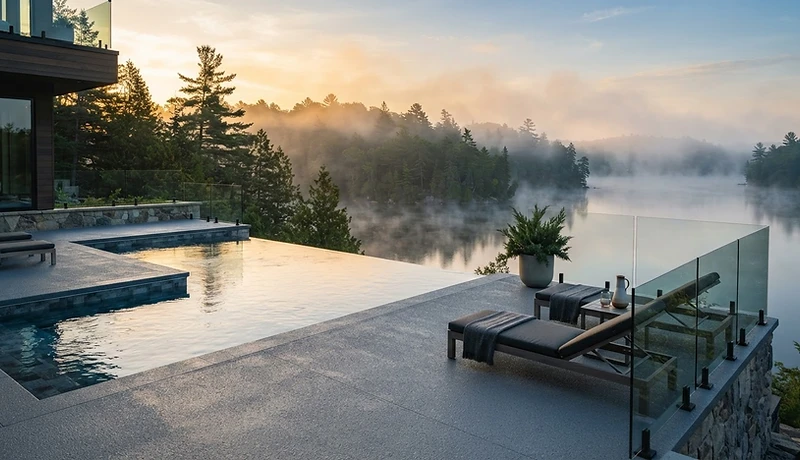 Slip-resistant polyaspartic pool deck coating at a Muskoka lakefront estate