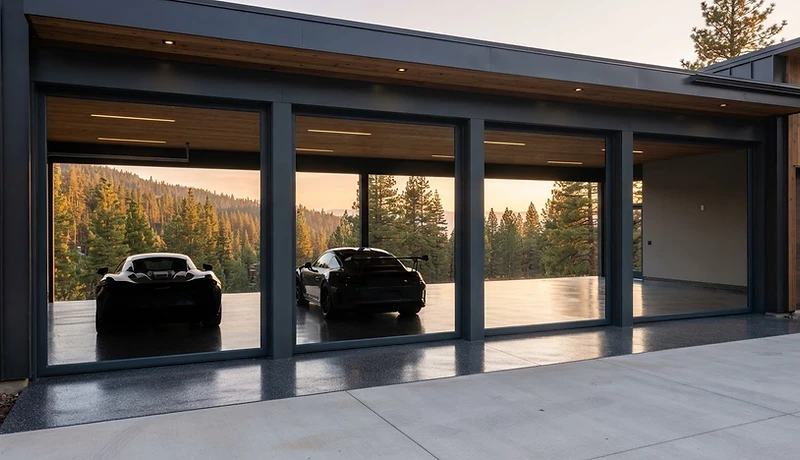 Metallic and quartz-flake epoxy garage floor in a luxury Muskoka estate