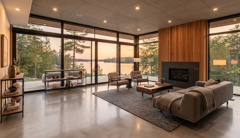 Metallic epoxy floor in a walkout basement overlooking a Muskoka lake