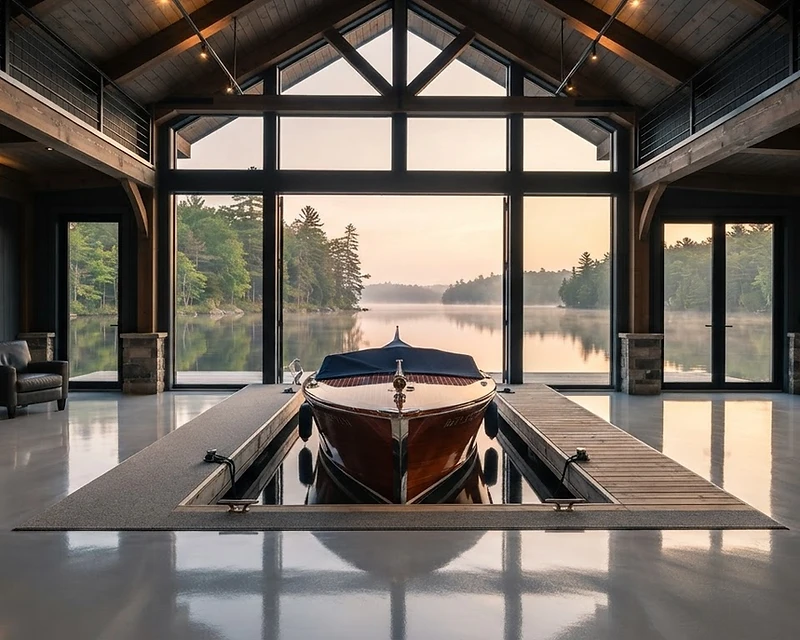 Luxury boathouse with a metallic epoxy floor coating overlooking a Muskoka lake