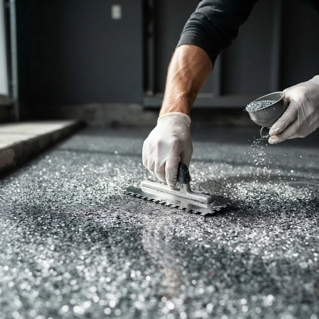 Craftsman applying a metallic flake polyaspartic top coat by hand