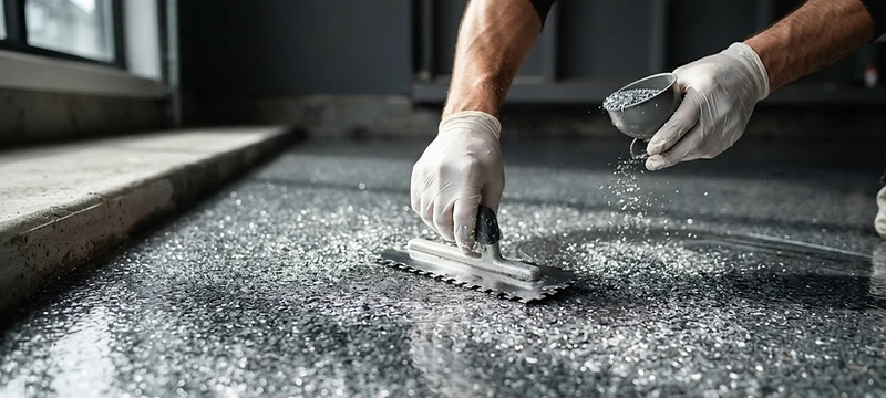 Craftsman applying a metallic flake polyaspartic top coat by hand