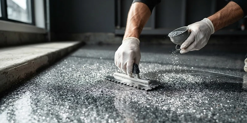 Craftsman applying a metallic flake polyaspartic top coat by hand