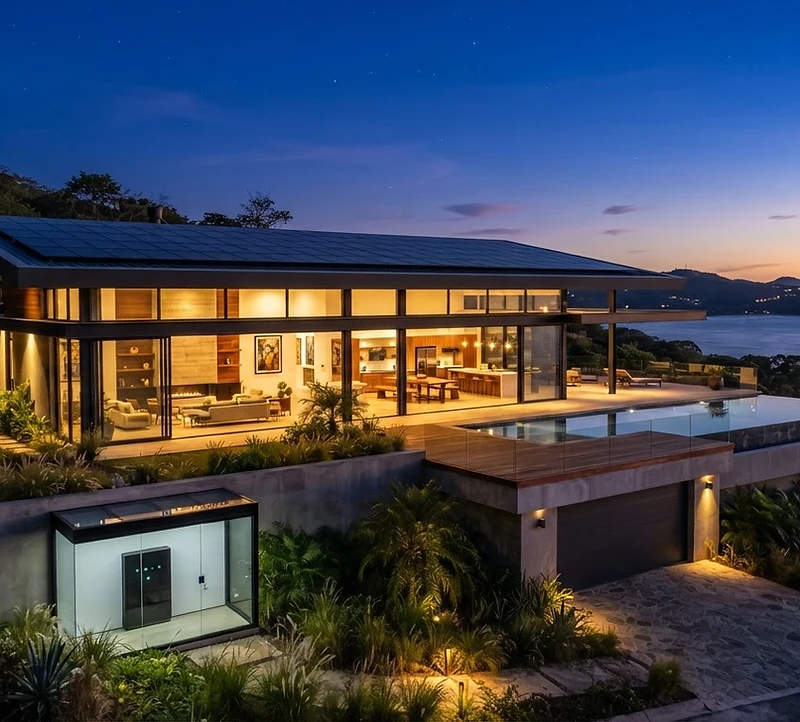 Casa moderna con paneles solares al atardecer