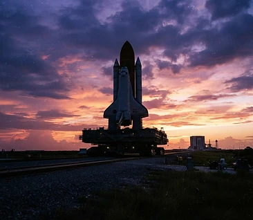 Space shuttle silhouette against a Webster, Texas sunset