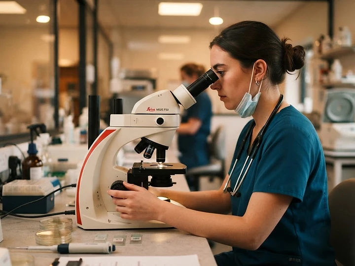 Profesional veterinario usando microscopio