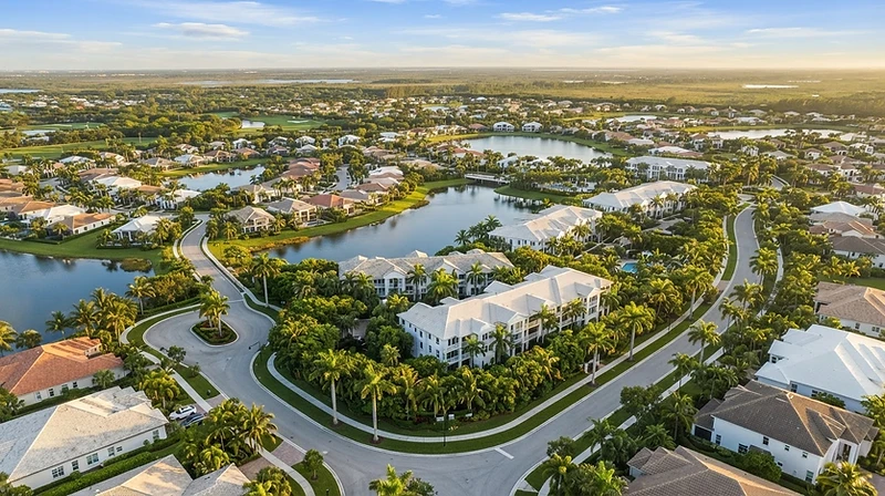 Aerial view of a South Florida residential community with lakes, landscaping, and condominium buildings in Weston, Florida