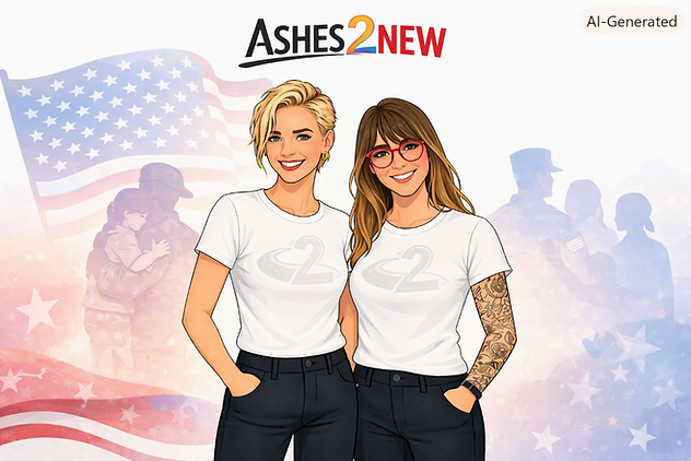 Ashes2New co-founders Angelica and Arya standing together before a patriotic backdrop honoring military families