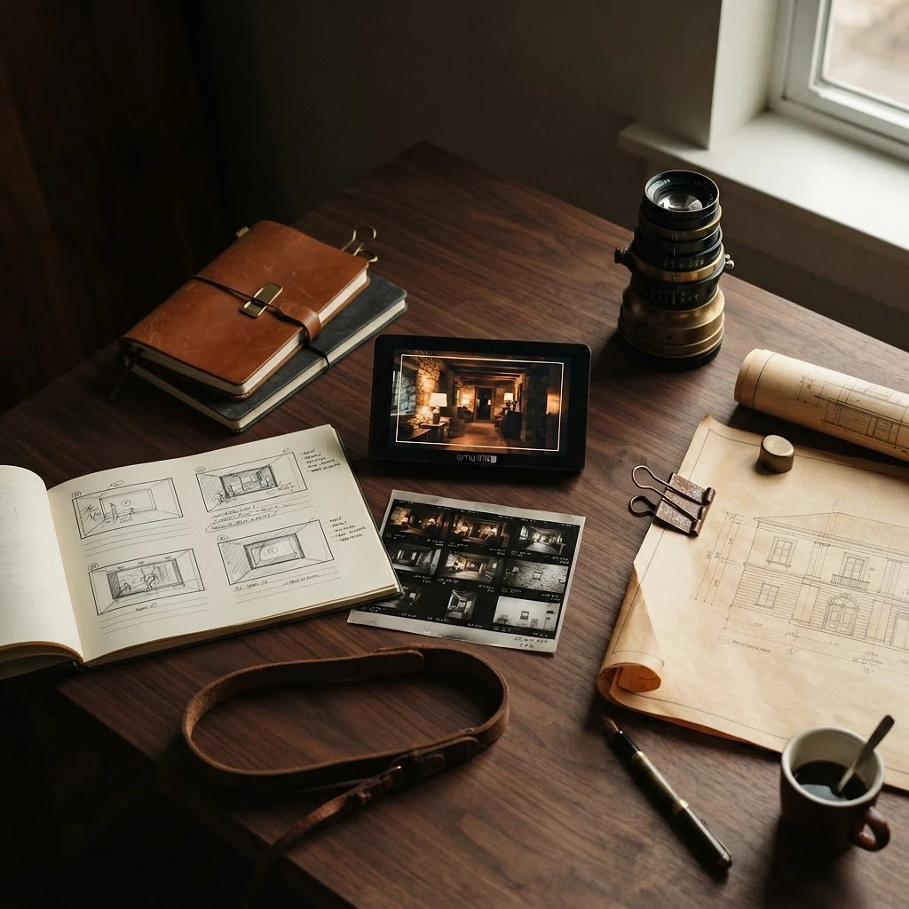Creative production desk with notebooks, storyboards, a production monitor, film strips, and a camera lens.