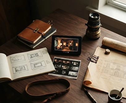 Creative production desk with notebooks, storyboards, a production monitor, film strips, and a camera lens.