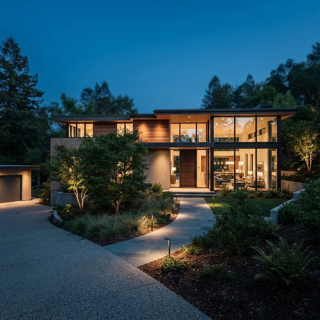 Premium single-family home exterior at twilight with architectural lighting and landscaped grounds