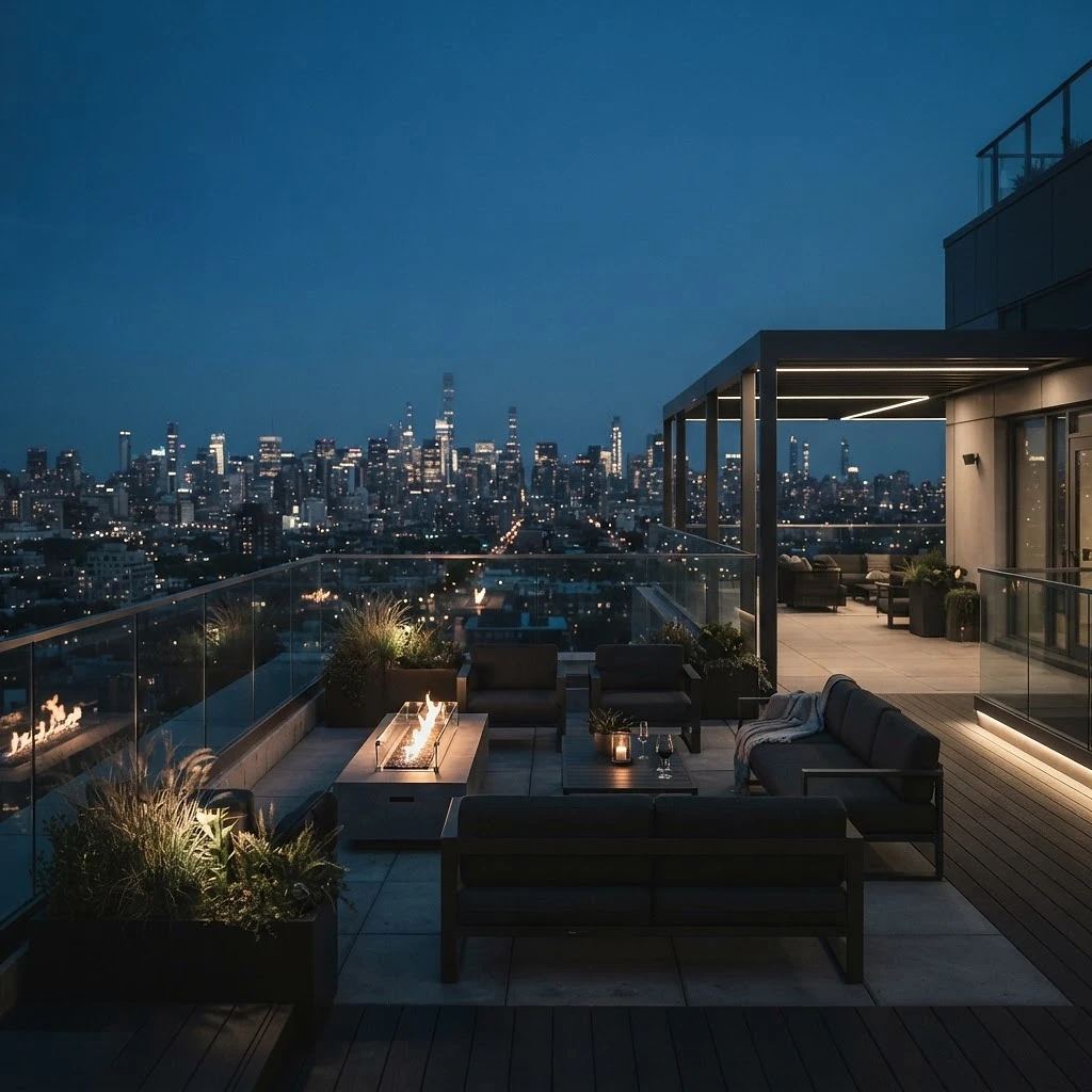 Premium apartment rooftop lounge and amenity space at blue hour with fire pit and lounge seating