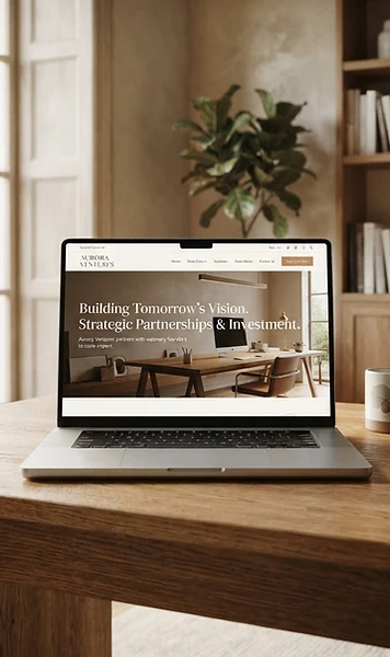 Laptop displaying a professionally designed website in a warm workspace with refined wood