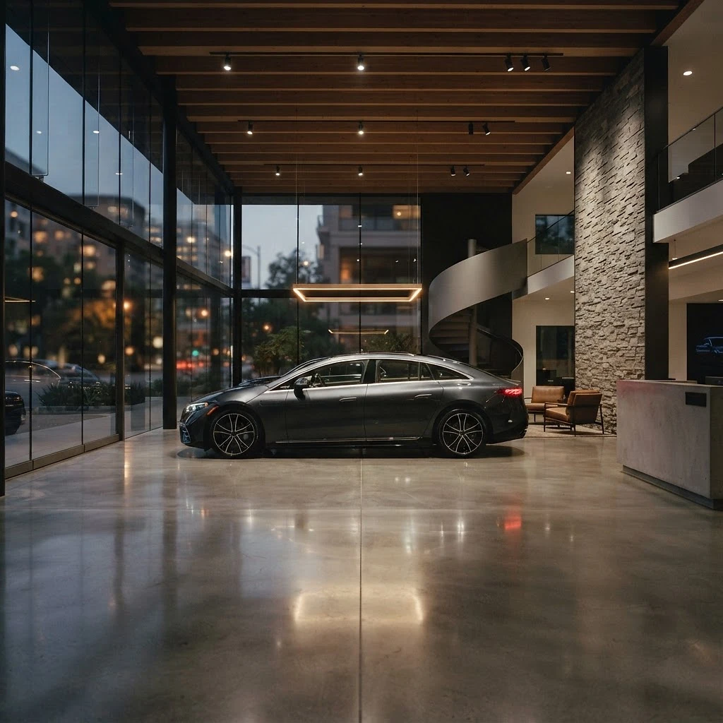 Premium vehicle displayed in a refined architectural showroom with cinematic lighting