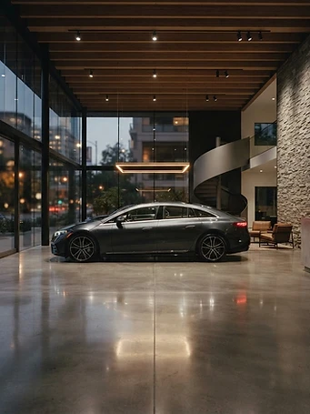 Premium vehicle displayed in a refined architectural showroom with cinematic lighting