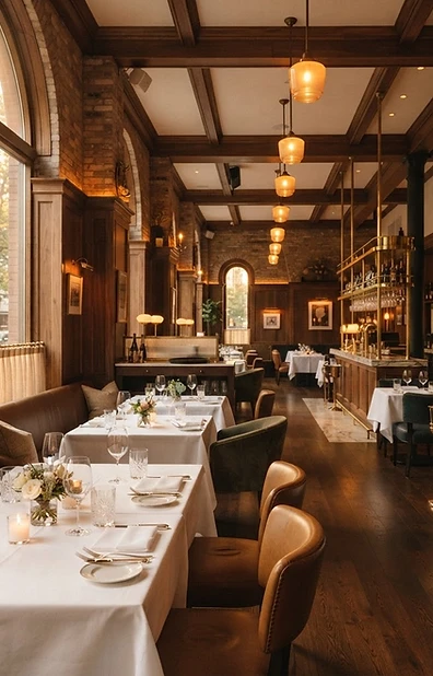 Warm luxury restaurant interior with amber pendant lighting, rich wood, and refined tables