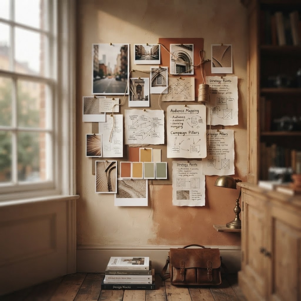 Creative desk with papers and stationery