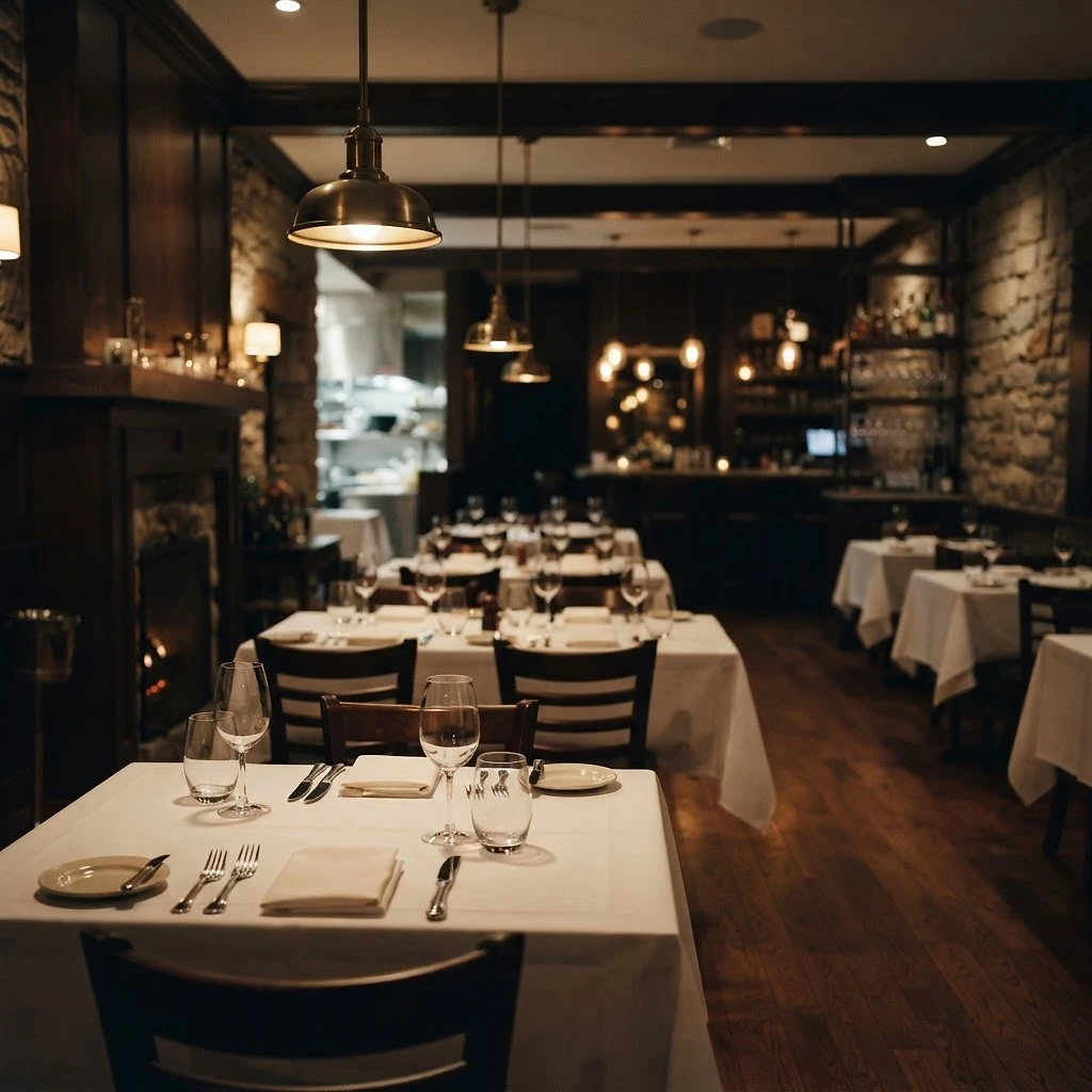 Elegant restaurant interior prepared before service with warm lighting and set tables