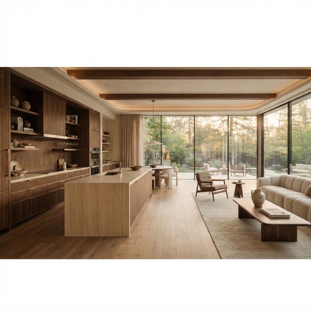 Warm residential interior with stone, walnut, and glass details