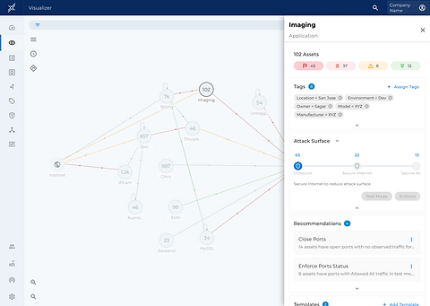 Contextual side panel for the Imaging asset showing asset count, tags, attack surface slider, and recommendations