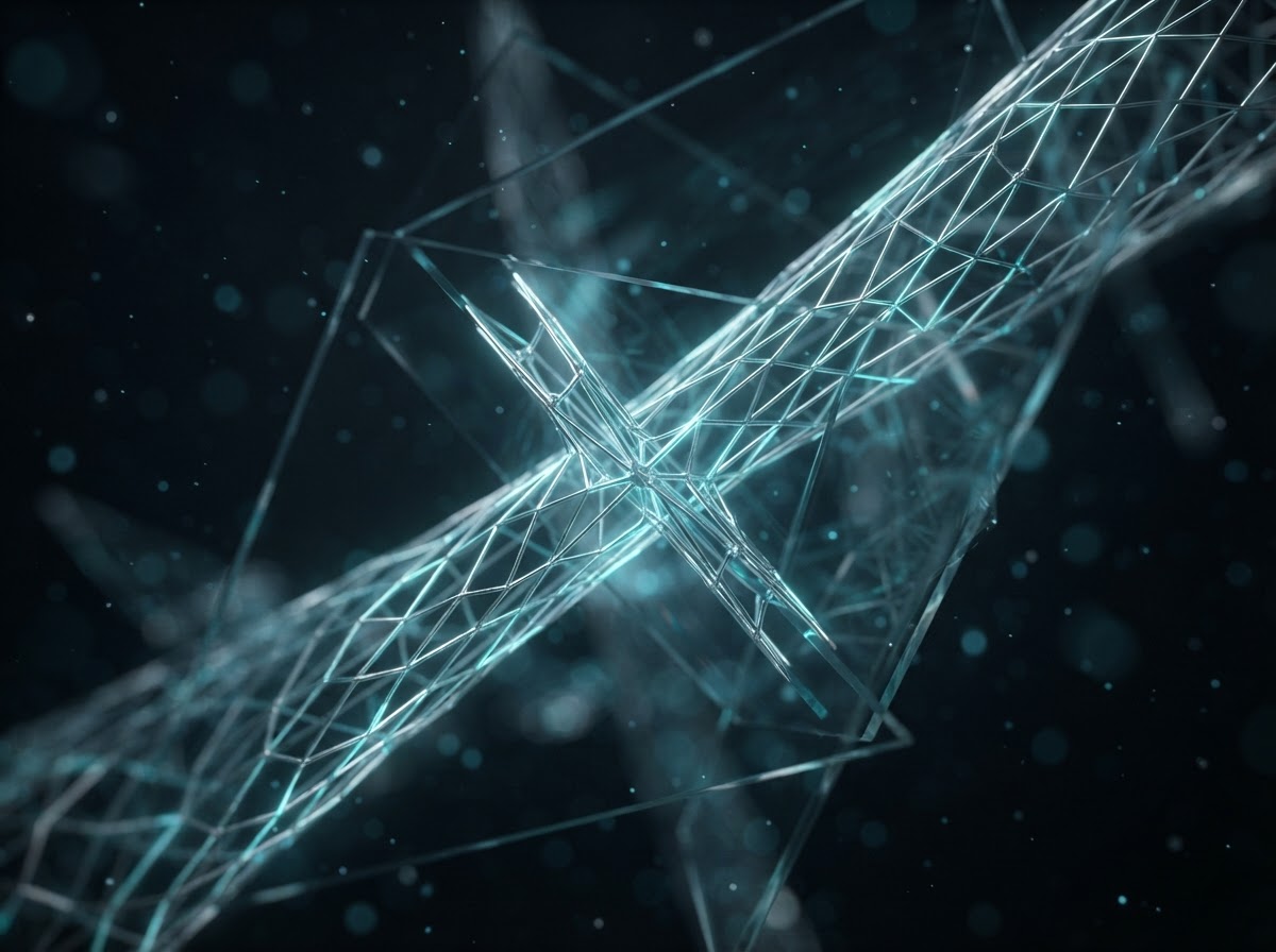 Abstract silver wireframe grid folding through translucent glass planes
