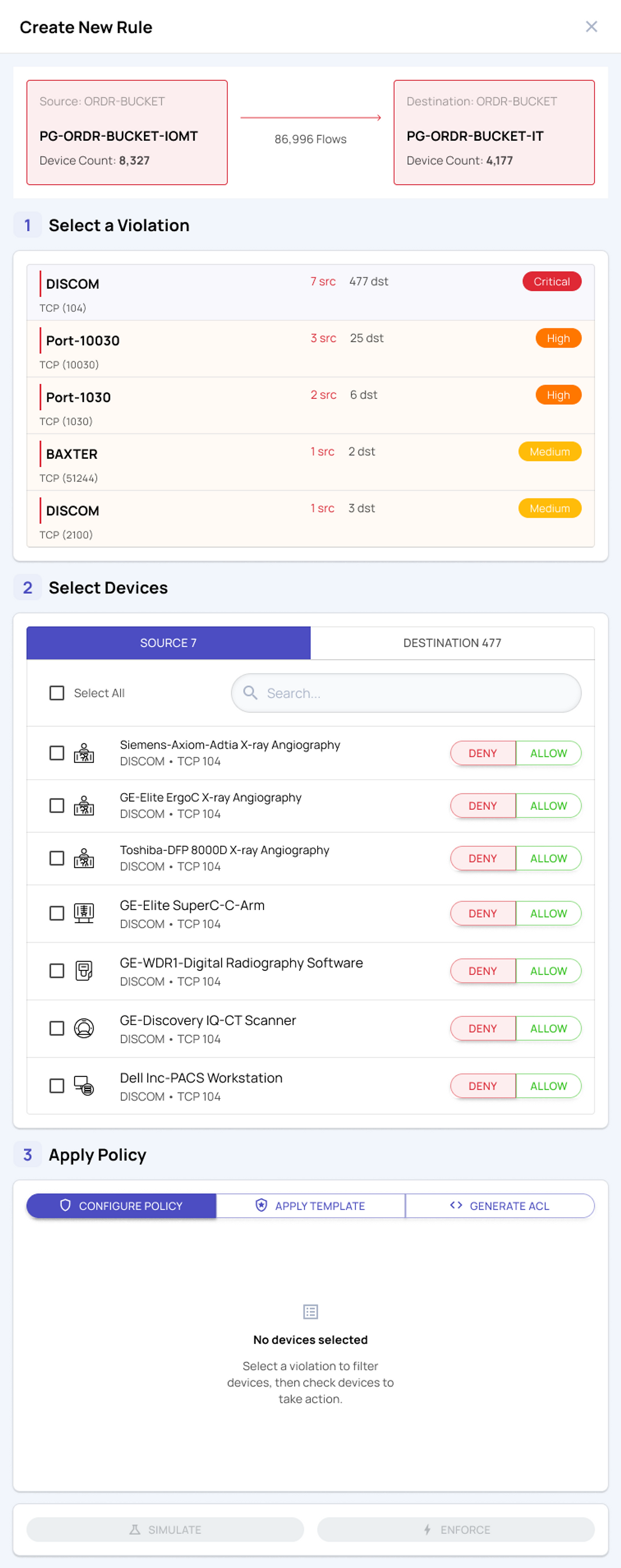 Create New Rule drawer in its initial state — Apply Policy panel prompting the user to select a violation and check devices before taking action