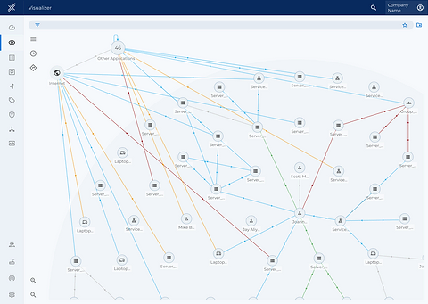 Zoomed-in view of a dense node-link graph focused on a single cluster of assets with colored traffic lines