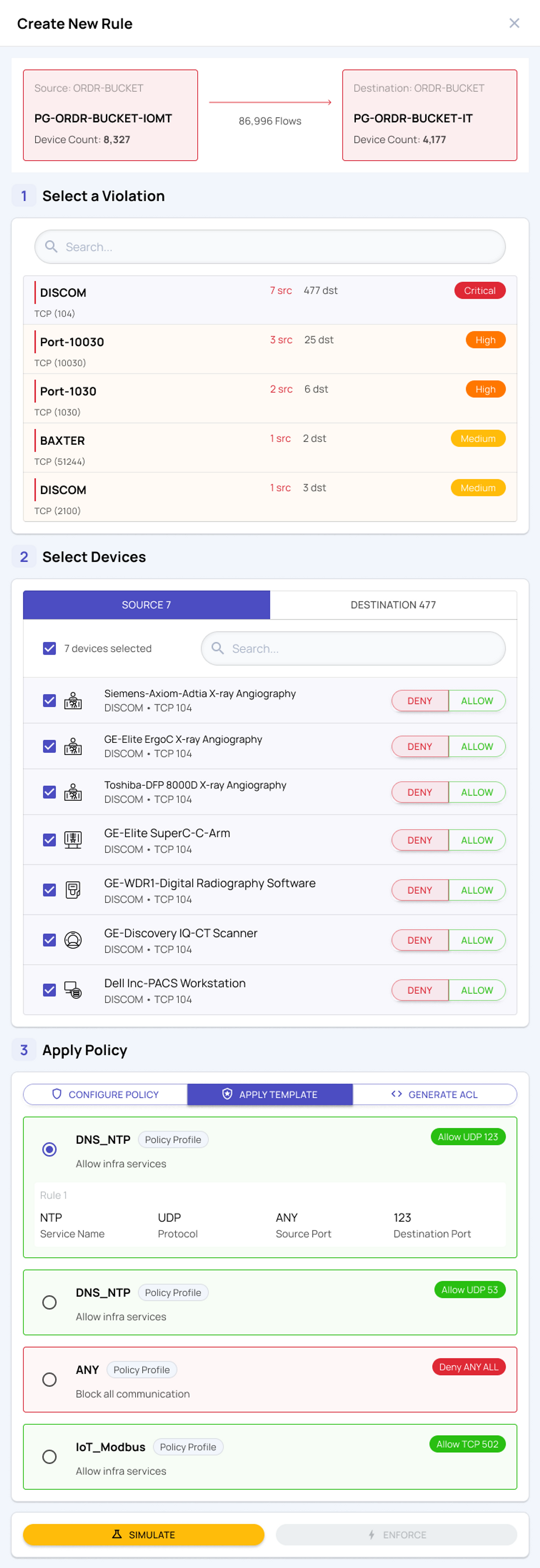 Apply Policy Apply Template tab listing pre-built policy profiles like DNS_NTP, ANY, and IoT_Modbus