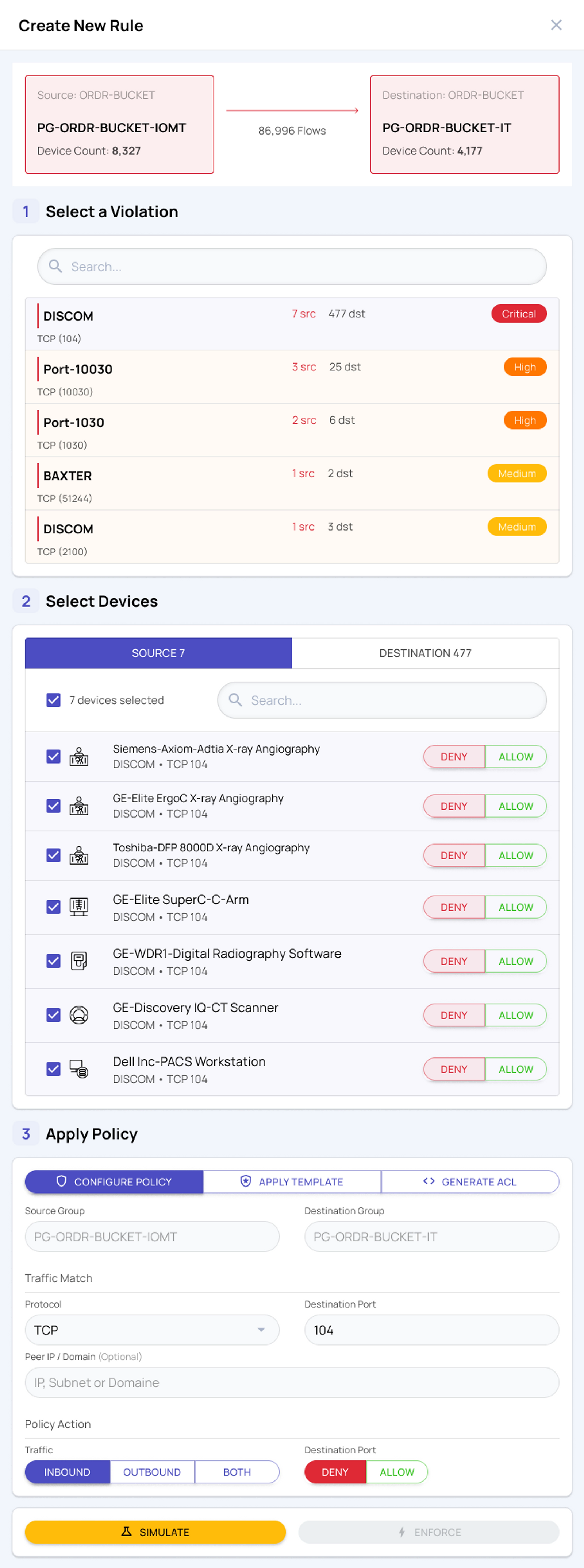 Apply Policy Configure Policy form with source and destination group, protocol, destination port, peer IP, and inbound/outbound allow/deny toggles