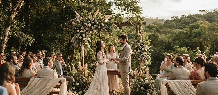 Cerimônia de casamento ao ar livre entre árvores
