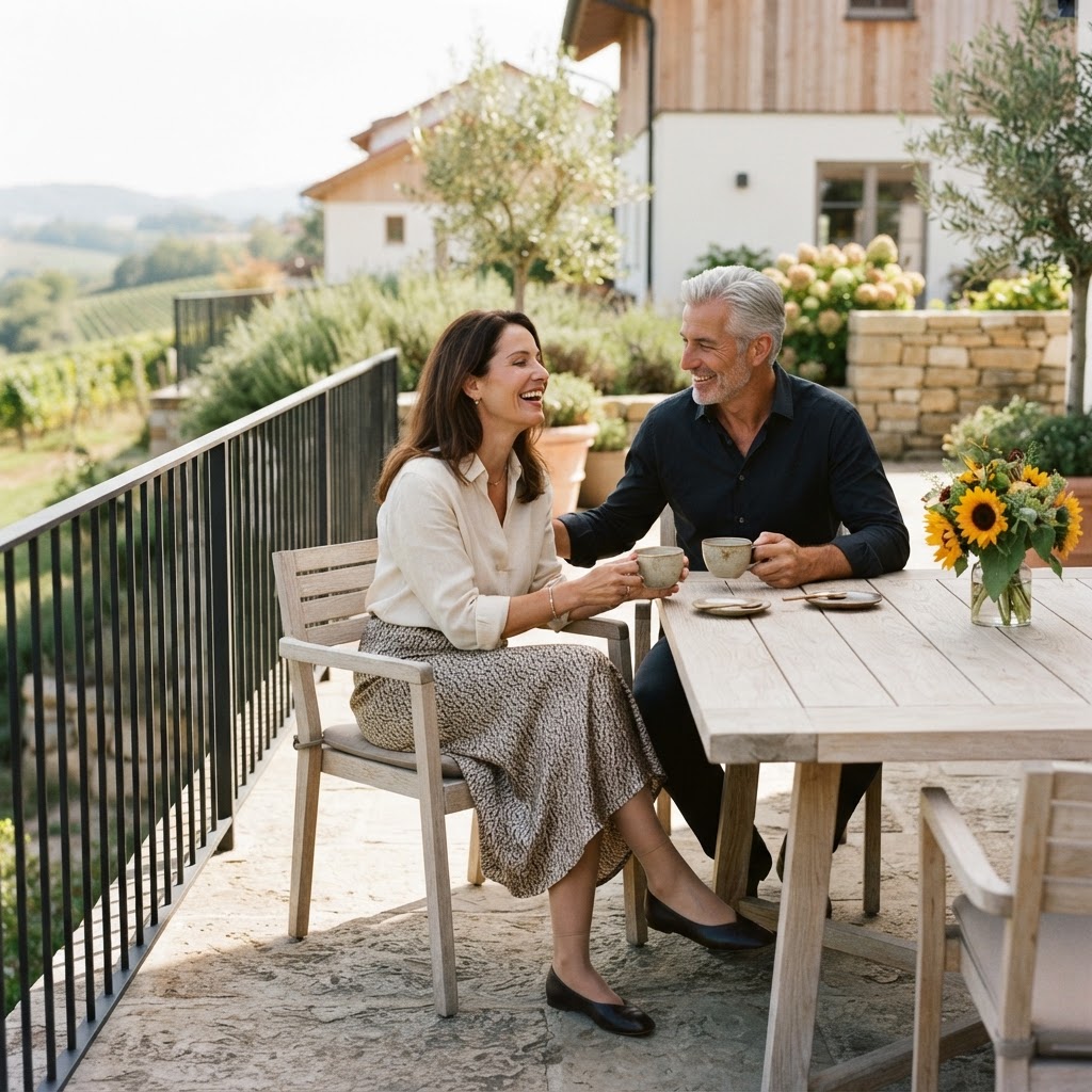 Couple stretching together on a sunrise terrace