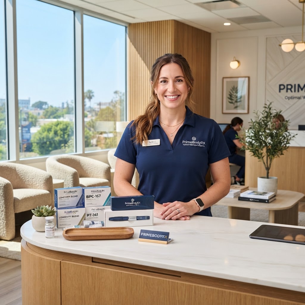 Clinician greeting a patient at the PrimeBodyRX clinic reception counter