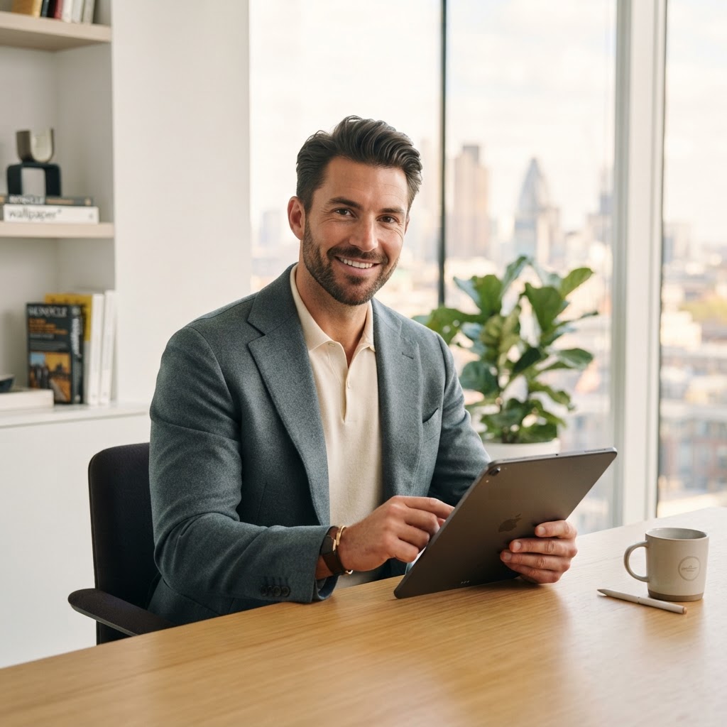 Sharp, successful entrepreneur reviewing a tablet in a modern office