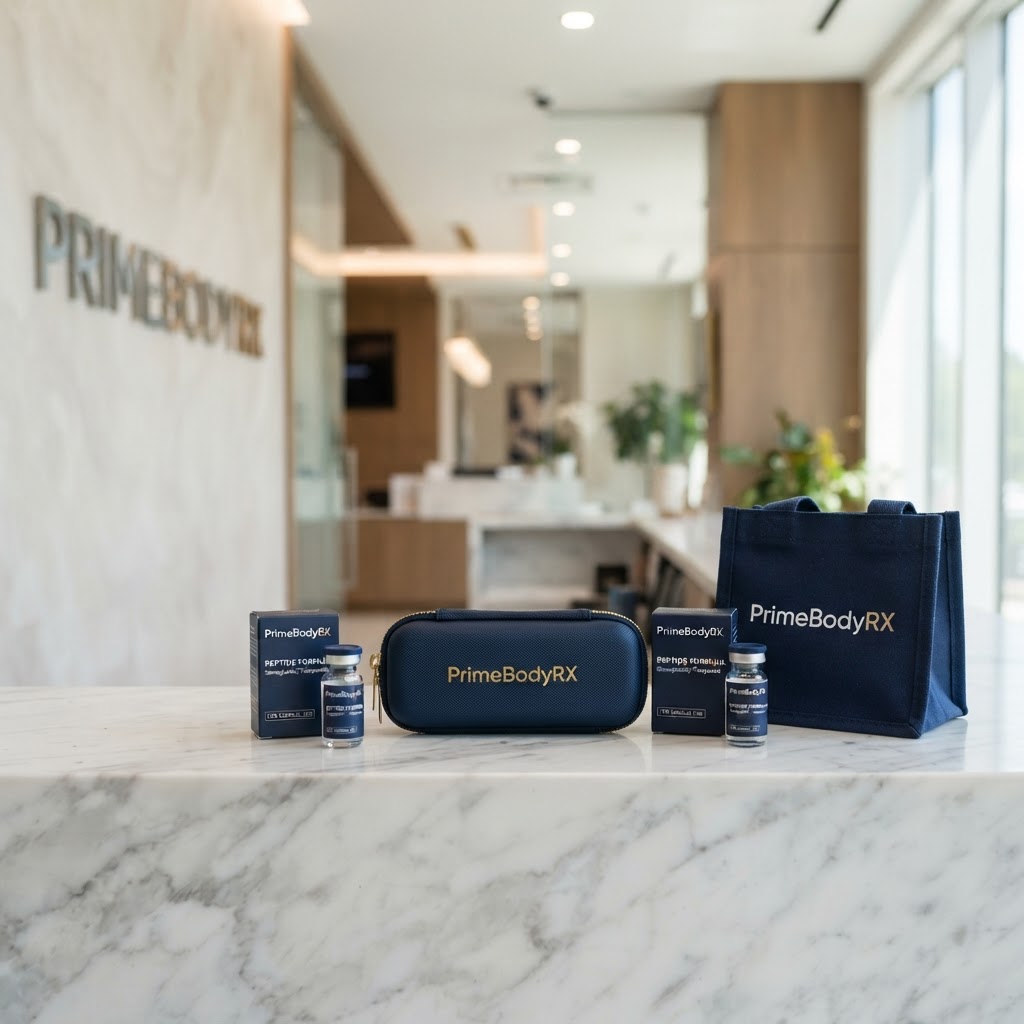Reception counter vignette: GLP-1 pen case, peptide vial boxes and a branded tote