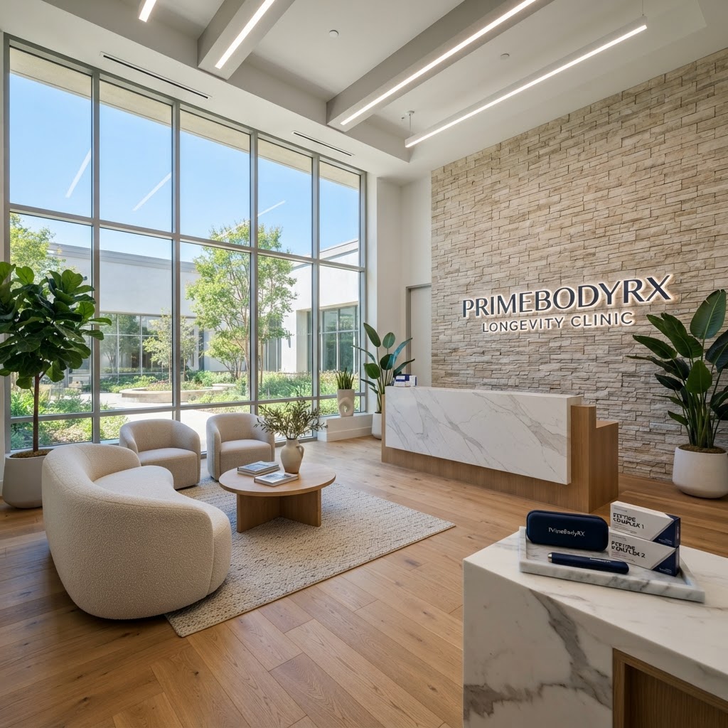 PrimeBodyRX Longevity Clinic lobby with signage and product staged on the reception counter