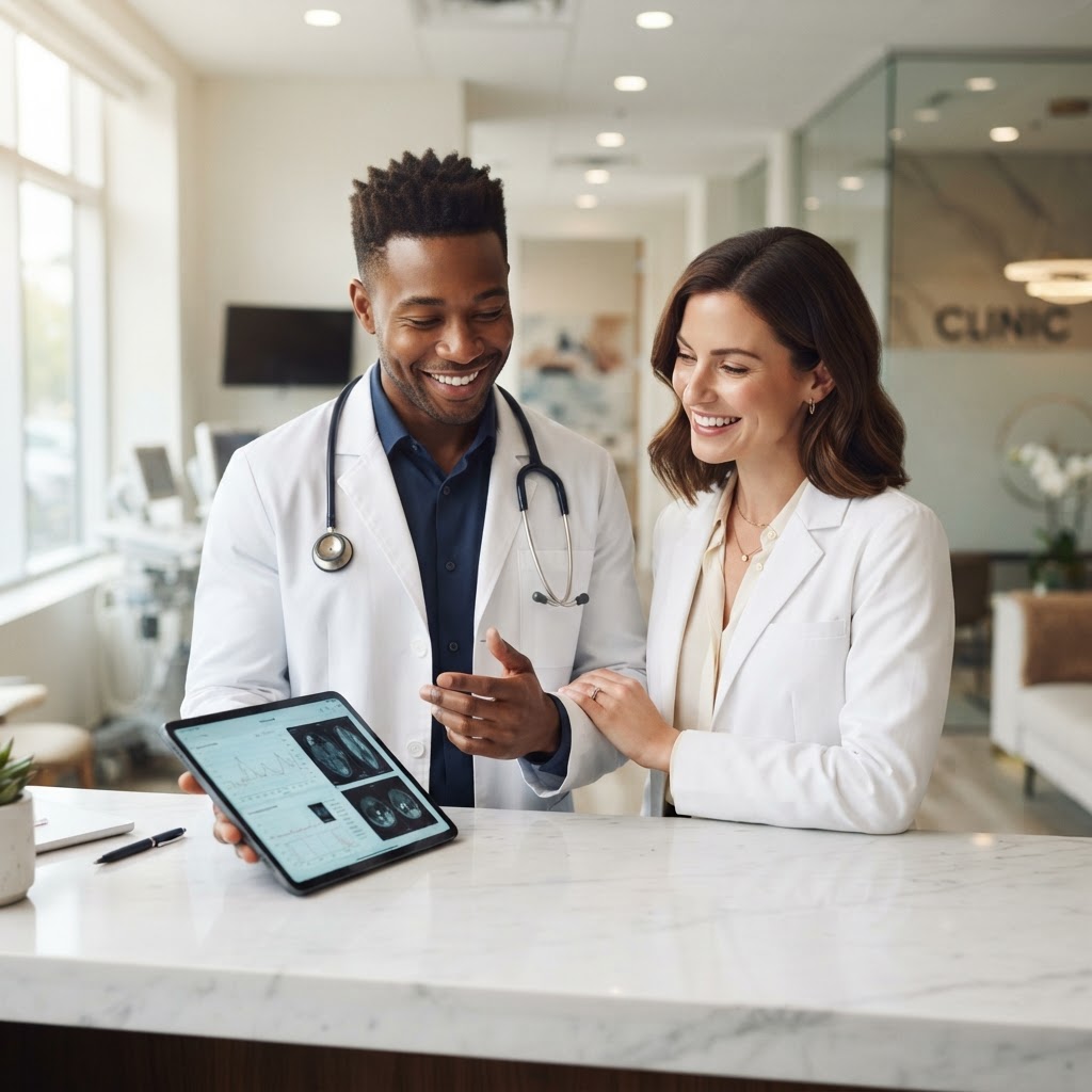 Physician consulting with a colleague in a modern bright clinic