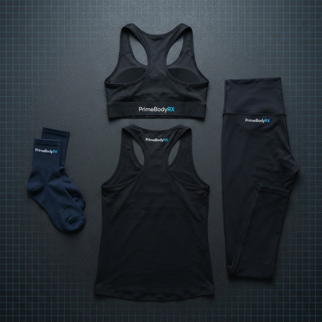 Members-only women's capsule: leggings, sports bra, tank and socks laid flat